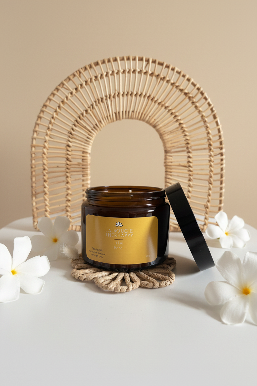 Éclat - bougie avec fleurs de tiaré fond beige