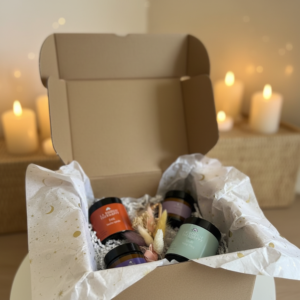 Coffret Méditation - prise de vue reculée fond flouté lumières tamisées