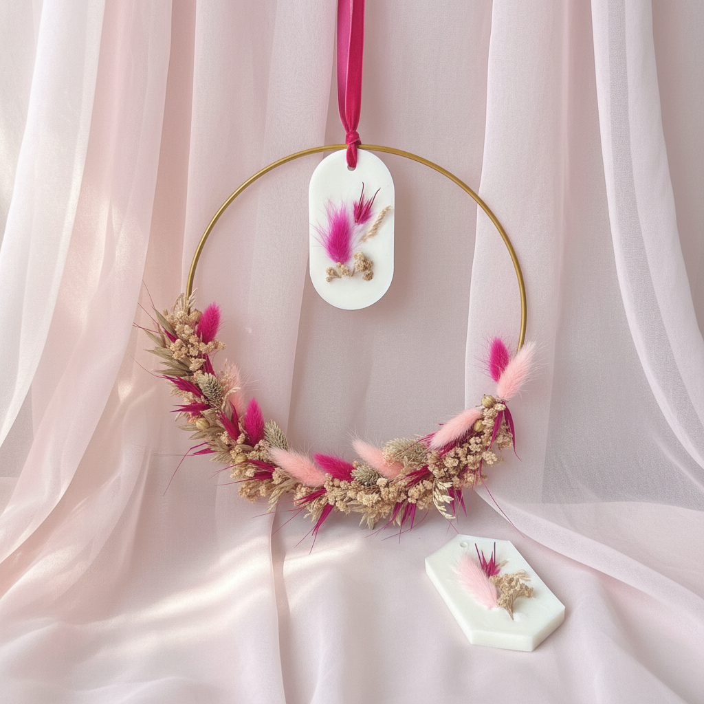 Couronne de fleurs – fond rose voilage
